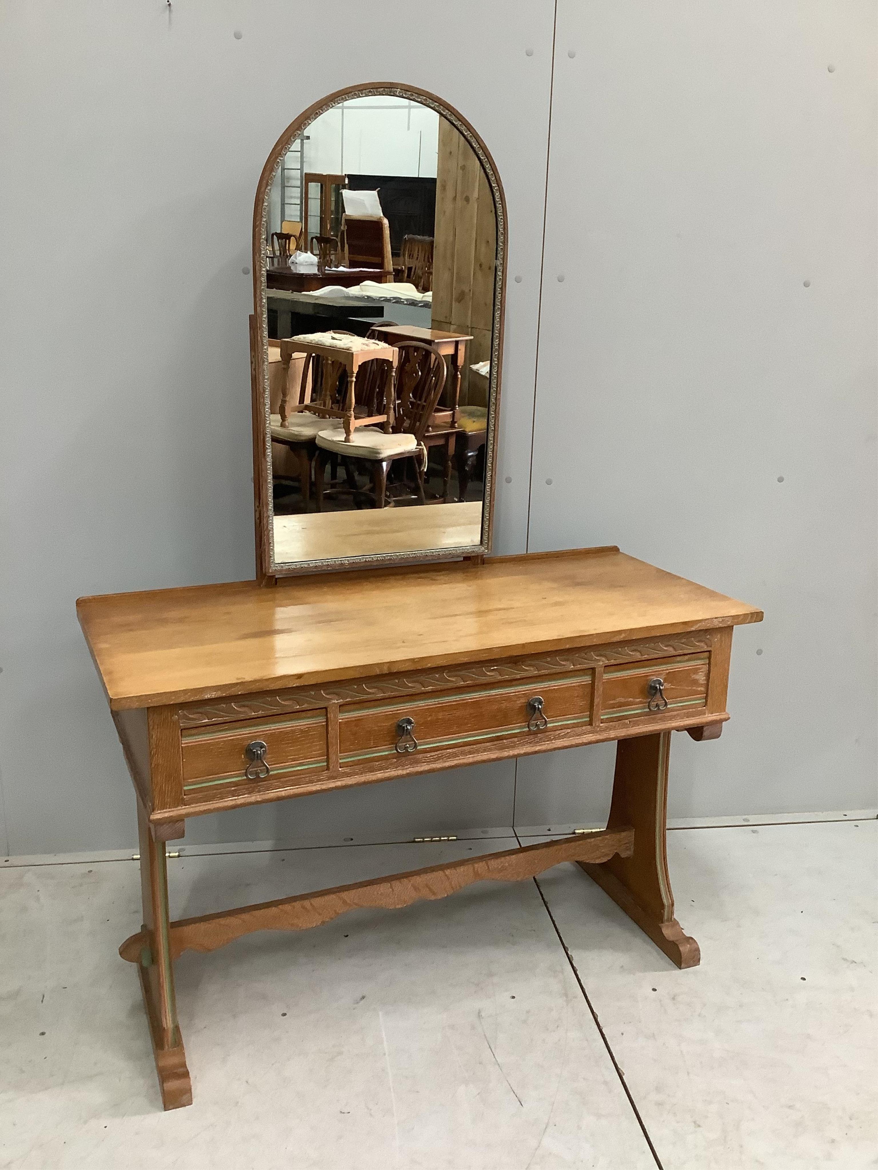 A painted limed oak eight piece bedroom suite, comprising a pair of three drawer chests, pair of bedside cabinets, dressing table stool, wardrobe and headboard. Condition - fair